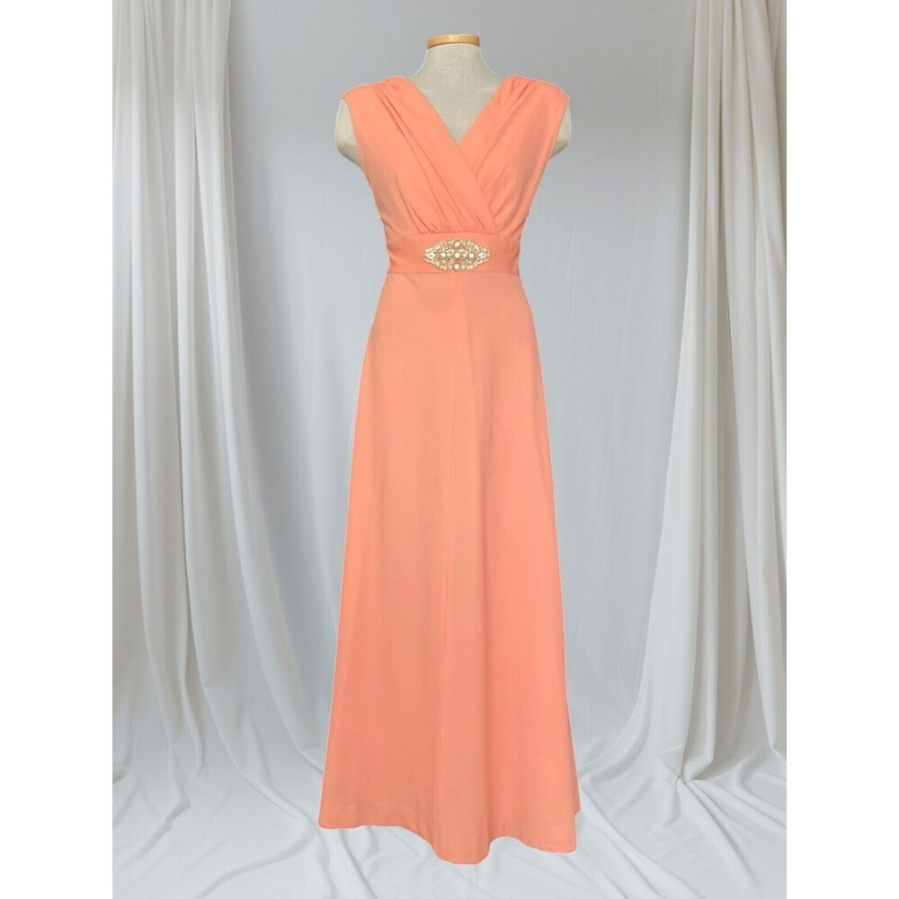 Vintage 1970's Formal Gown Bridesmaid Prom Dress Coral Orange Long Maxi Dress S